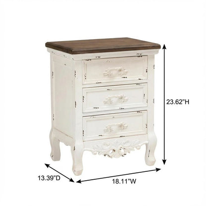Walnut Brown and White Finished Nightstand with 3 Drawers and Traditional Style