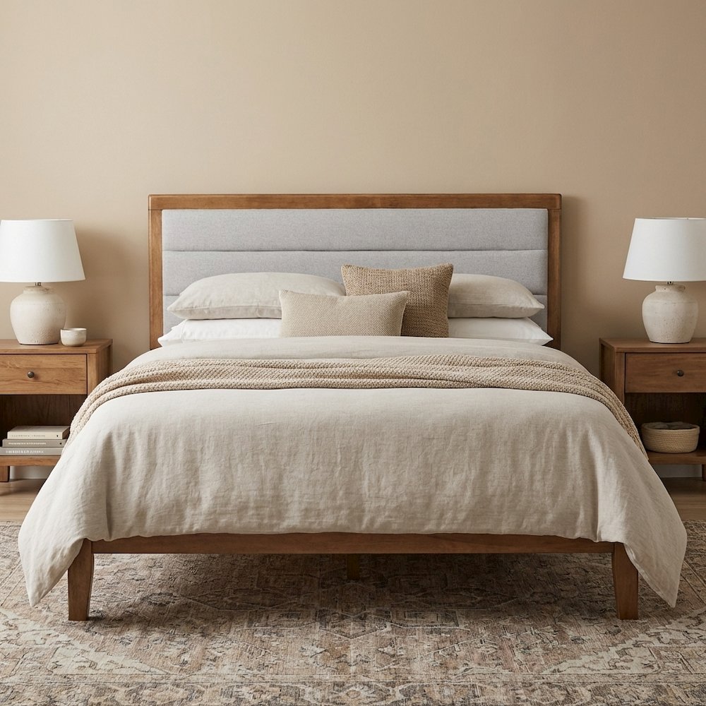 Walnut Brown Wood Queen Headboard with Channel Tufted Fabric Foam Upholstery