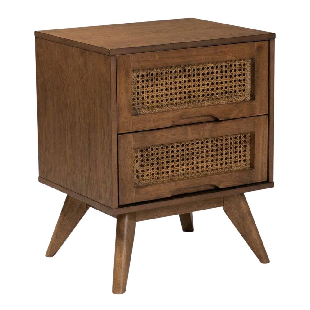 Walnut Finish Nightstand with Synthetic Rattan Accents and 2 Drawers