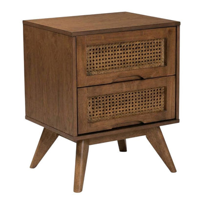 Walnut Finish Nightstand with Synthetic Rattan Accents and 2 Drawers