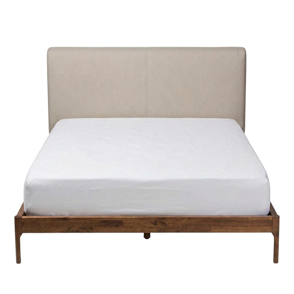 Mid-Century Modern Beige Fabric Upholstered Full Platform Bed with Walnut Finish