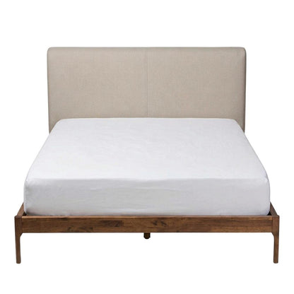 Mid-Century Modern Beige Fabric Upholstered Full Platform Bed with Walnut Finish