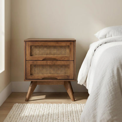 Walnut Finish Nightstand with Synthetic Rattan Accents and 2 Drawers
