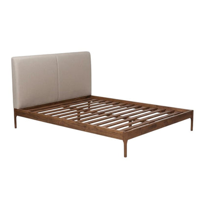 Mid-Century Modern Beige Fabric Upholstered Full Platform Bed with Walnut Finish