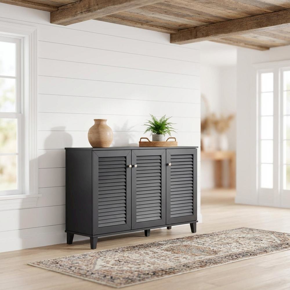 Dark Grey shoe storage cabinet with 8 shelves and engineered wood construction