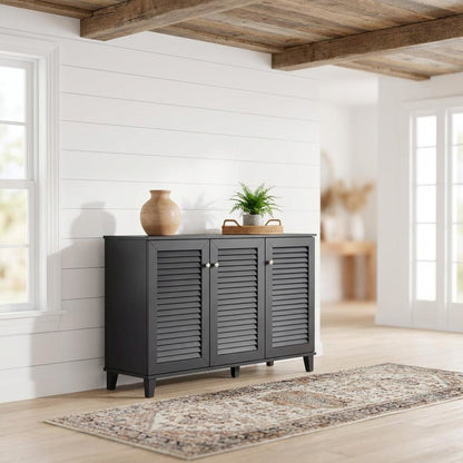 Dark Grey shoe storage cabinet with 8 shelves and engineered wood construction
