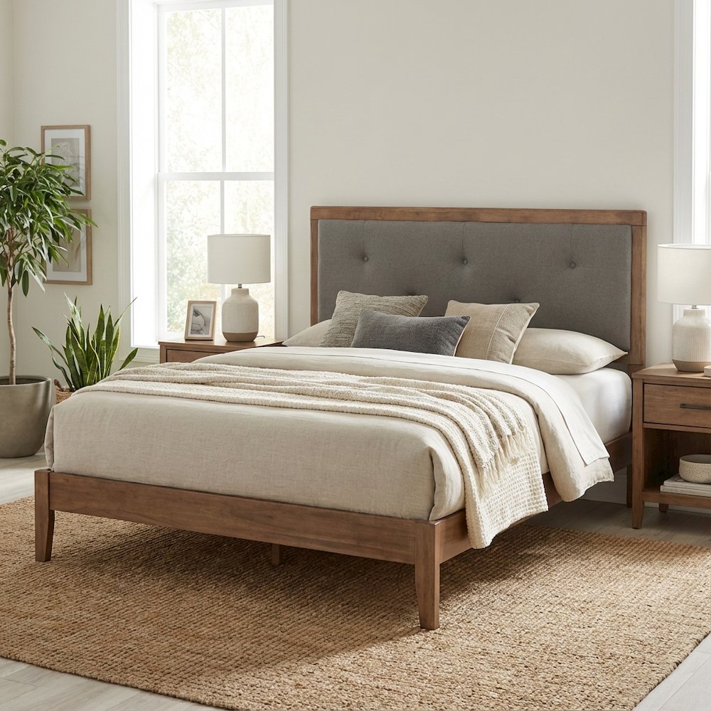 Walnut Brown Queen Headboard with Button Tufted Foam and Rubberwood Frame