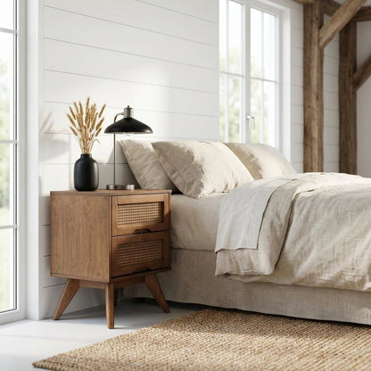 Walnut Finish Nightstand with Synthetic Rattan Accents and 2 Drawers