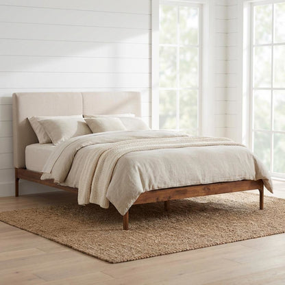 Mid-Century Modern Beige Fabric Upholstered Full Platform Bed with Walnut Finish