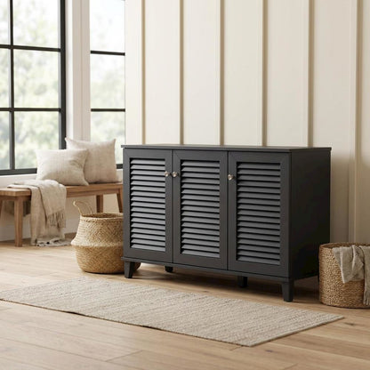 Dark Grey shoe storage cabinet with 8 shelves and engineered wood construction