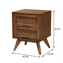 Walnut Finish Nightstand with Synthetic Rattan Accents and 2 Drawers