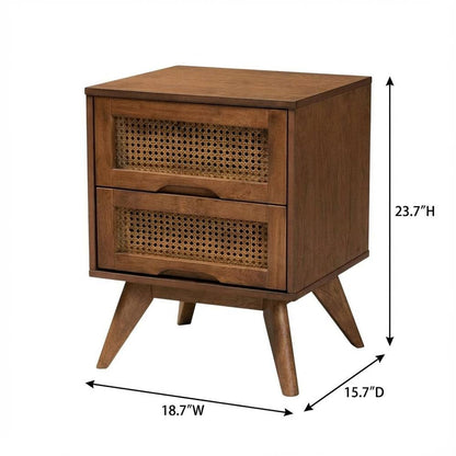 Walnut Finish Nightstand with Synthetic Rattan Accents and 2 Drawers