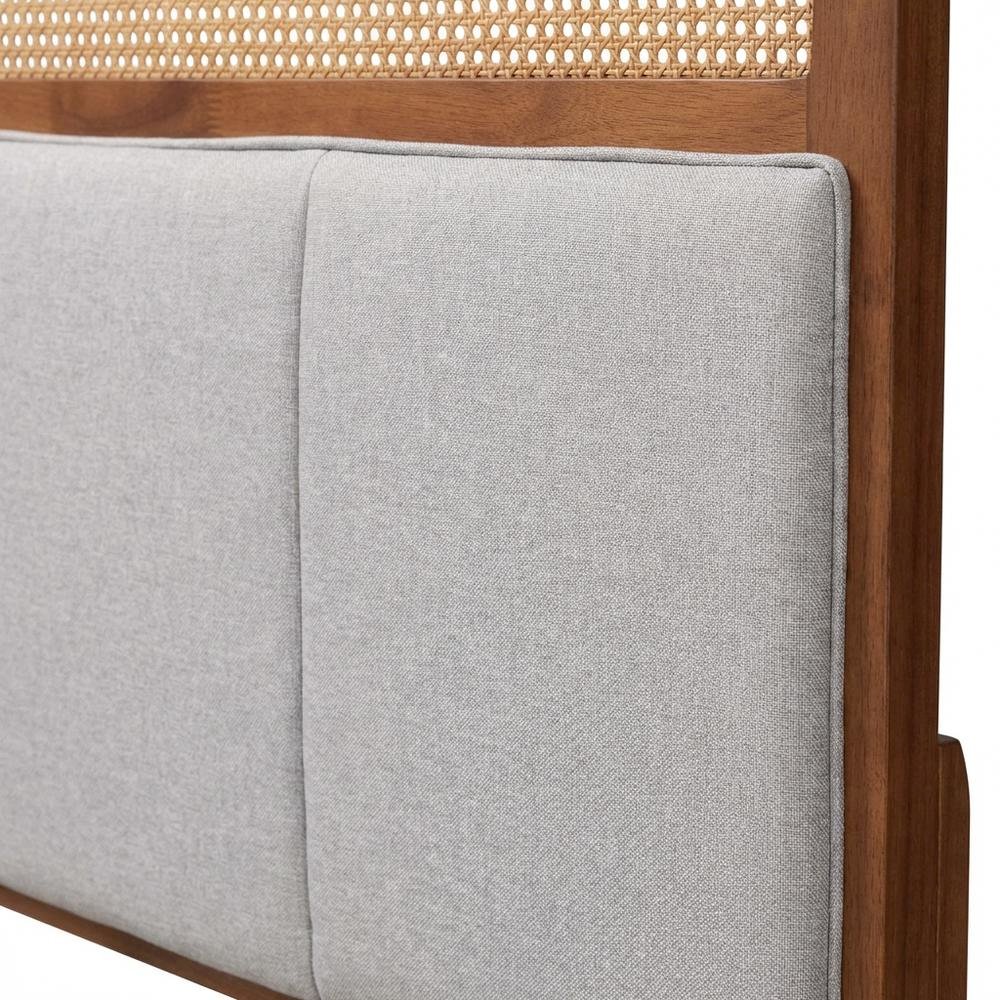 Light Grey Fabric King Size Headboard with Rubber Wood Frame and Rattan Accents