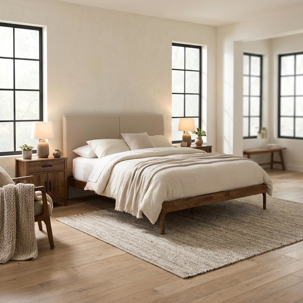 Mid-Century Modern Beige Fabric Upholstered Full Platform Bed with Walnut Finish