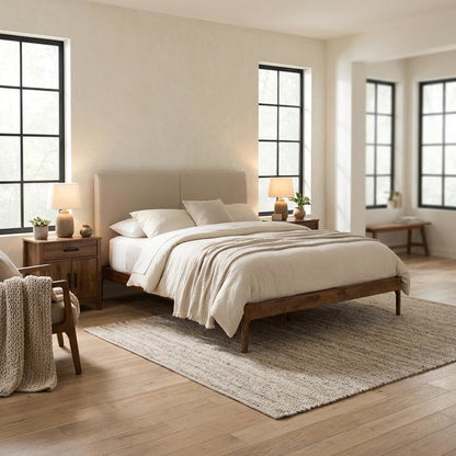 Mid-Century Modern Beige Fabric Upholstered Full Platform Bed with Walnut Finish