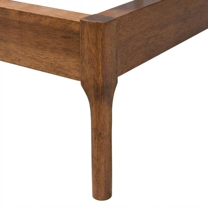 Mid-Century Modern Beige Fabric Upholstered Full Platform Bed with Walnut Finish