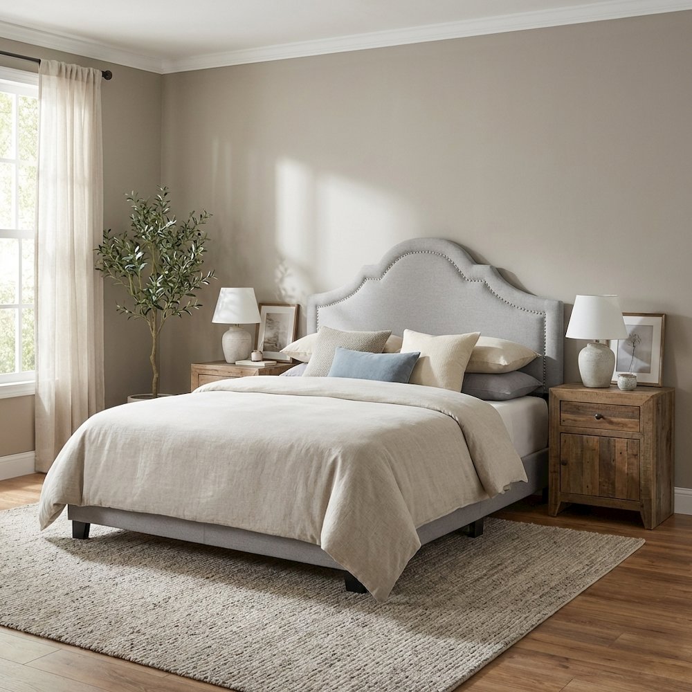 Grayish Beige Fabric Full Size Headboard with Foam Padding and MDF Frame