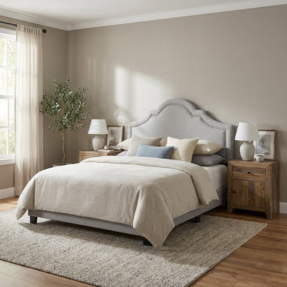 Grayish Beige Fabric Full Size Headboard with Foam Padding and MDF Frame