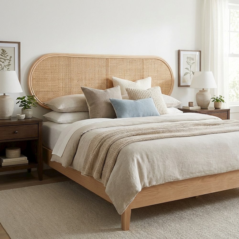 Brown Genuine Rattan Queen Size Headboard, Bohemian Style, Standalone Design