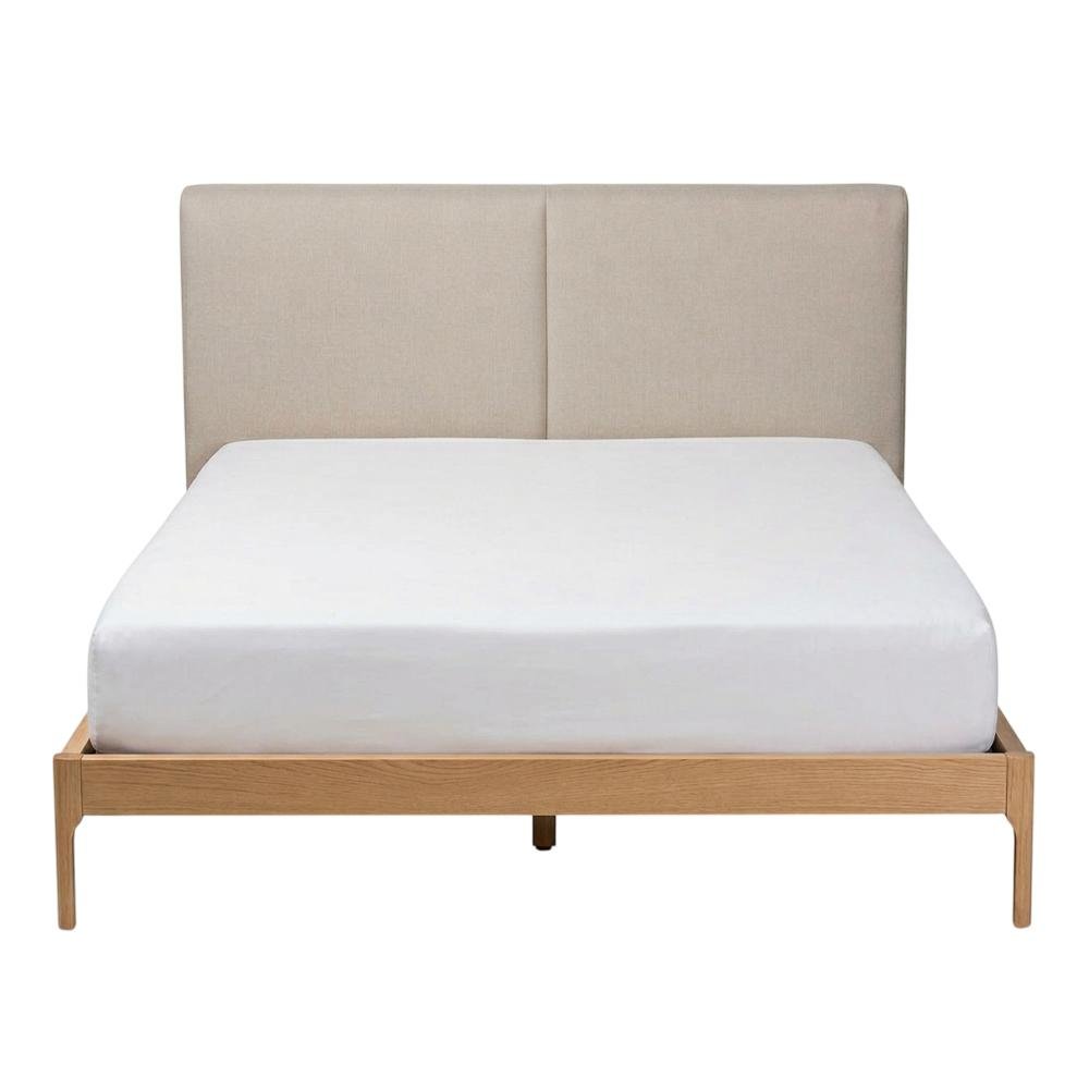 Beige Fabric Upholstered King Platform Bed with Walnut Finish and Modern Style