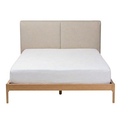 Beige Fabric Upholstered King Platform Bed with Walnut Finish and Modern Style