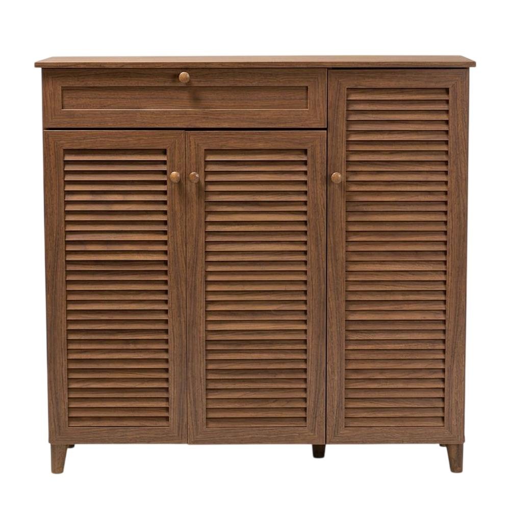 Contemporary Walnut Finish Shoe Storage Cabinet with 11 Shelves and Drawer