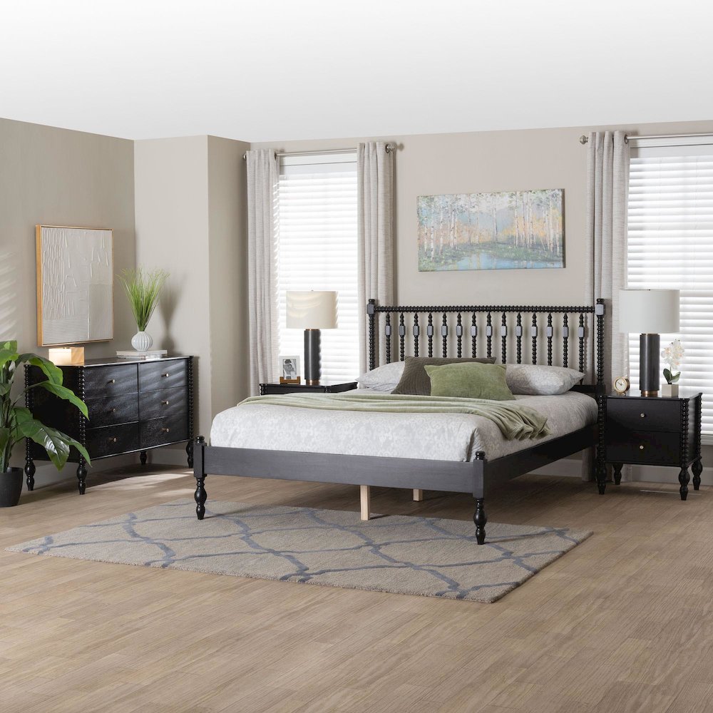 4-Piece Bedroom Set, Platform Bed with Dresser and Nightstands, Black, Queen