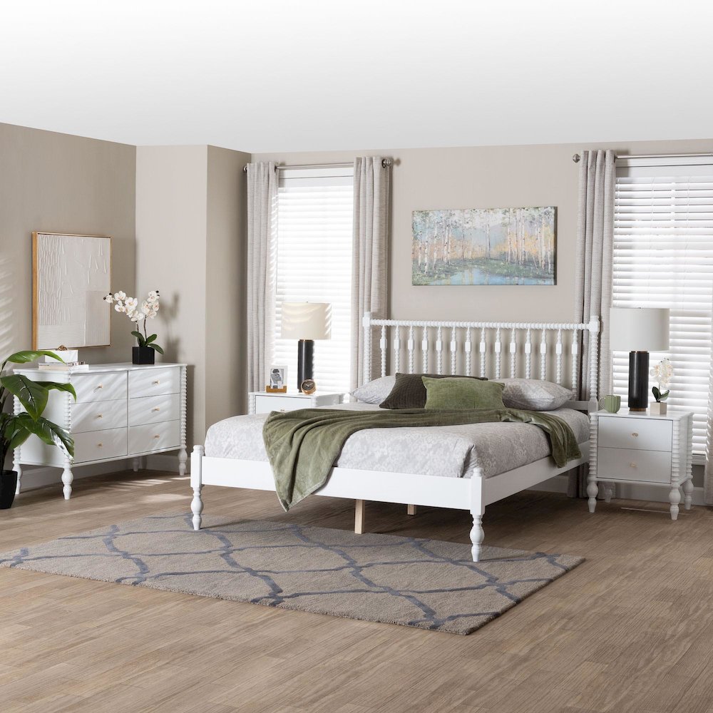4-Piece Bedroom Set, Platform Bed with Dresser, Nightstands, White, Queen