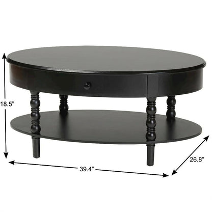 Black Wood 1-Drawer Coffee Table with Spindle Legs and Open Shelf