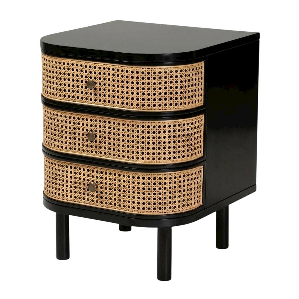 Bohemian Bayur Wood and Rattan Nightstand with 3 Drawers and Light Finish