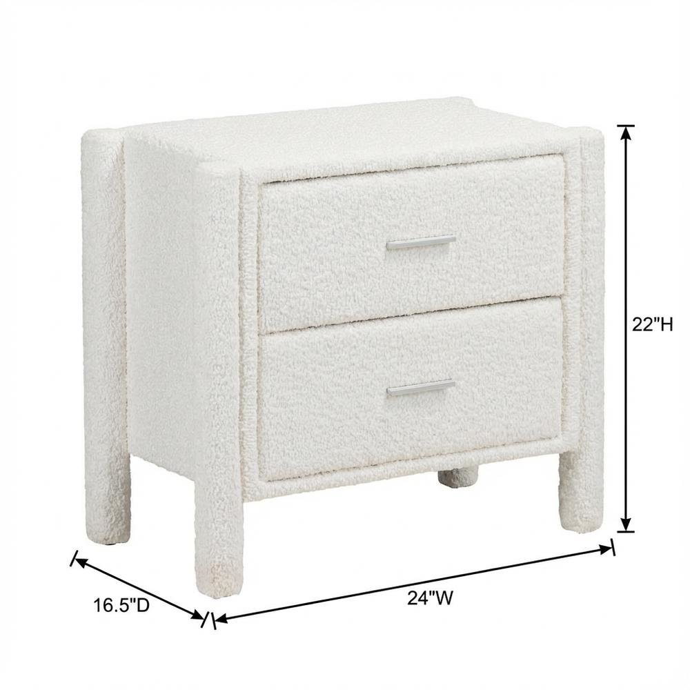 Modern White Teddy- Fabric Nightstand with 2 Drawers for Bedroom Decor