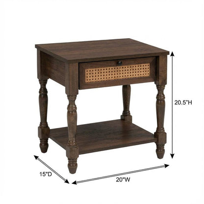 Dark Brown Nightstand with Rattan Accents and Wooden Legs