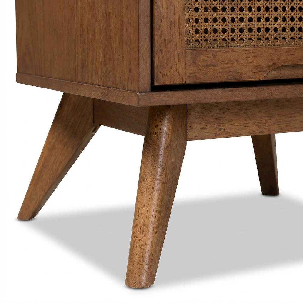 Walnut Finish Nightstand with Synthetic Rattan Accents and 2 Drawers