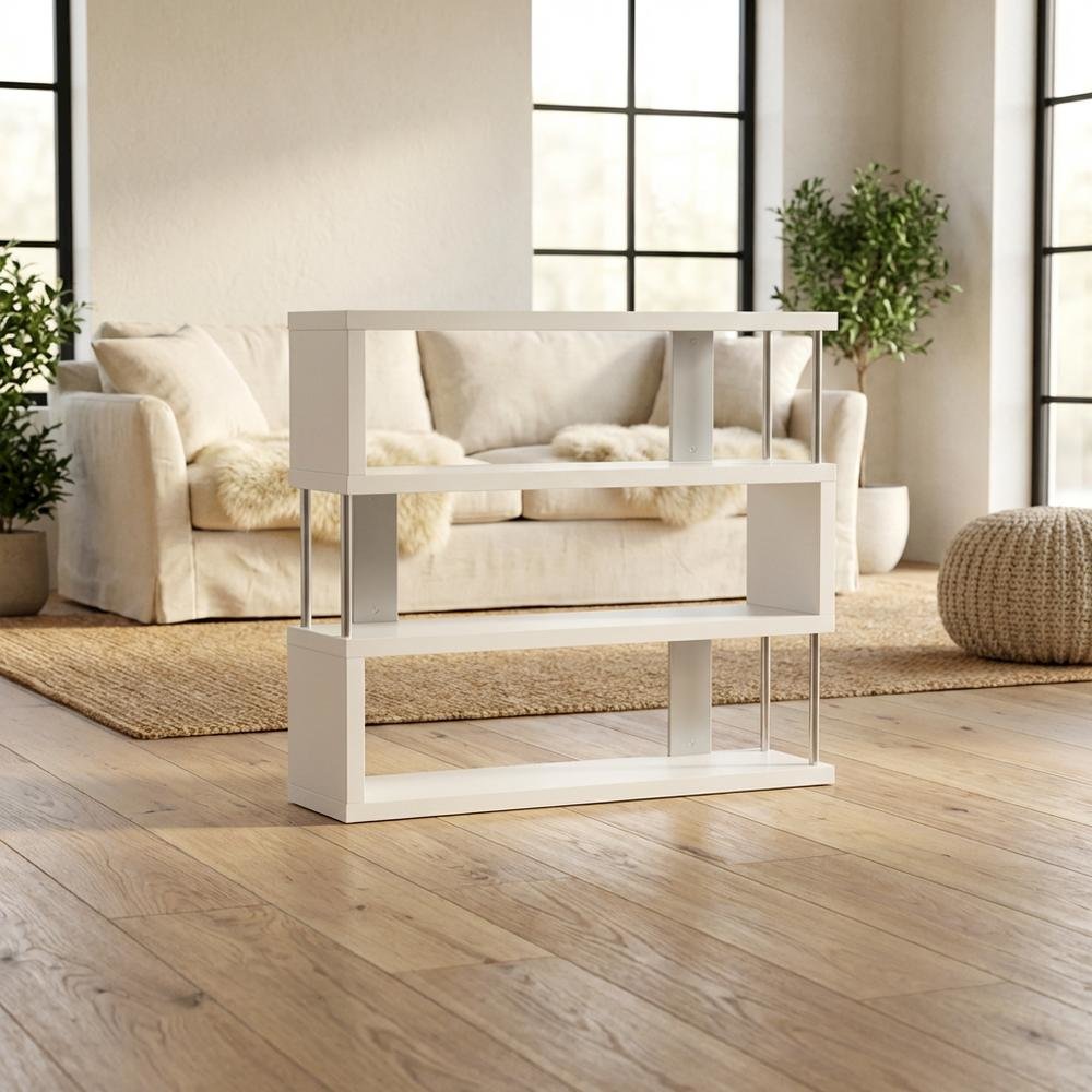 White Modern Bookcase with Three Shelves and Engineered Wood Construction