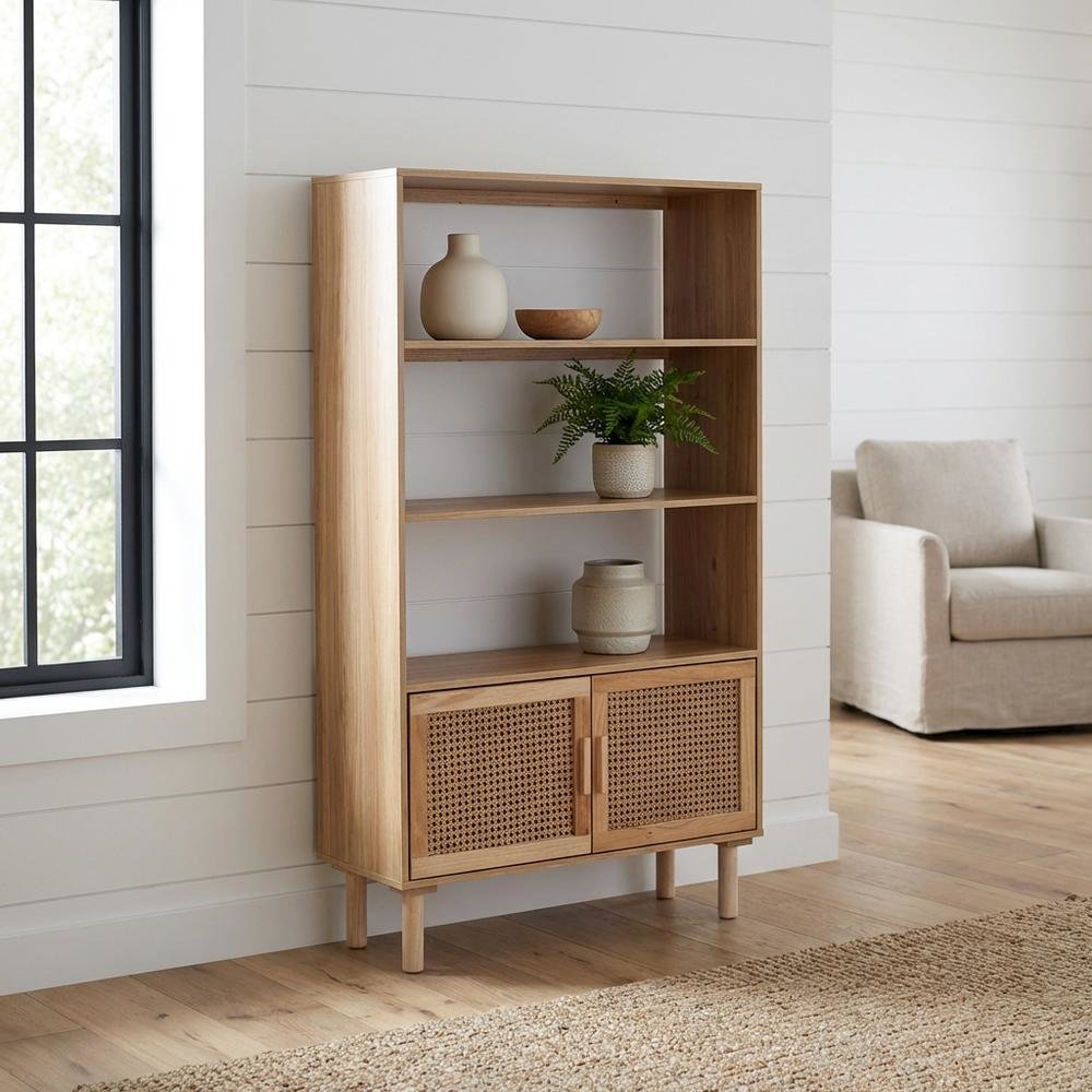 Wood and Rattan Bookcase with 2 Doors, Light Brown Finish for Living Room