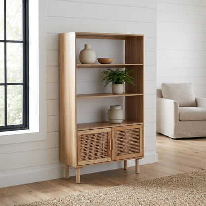 Wood and Rattan Bookcase with 2 Doors, Light Brown Finish for Living Room