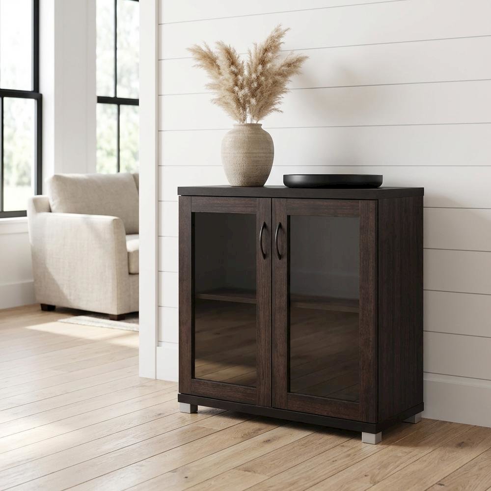 Dark Brown Sideboard Storage Cabinet With Glass Doors For Contemporary Living