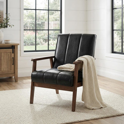 Black Faux Leather Scandinavian Lounge Chair with Wooden Frame