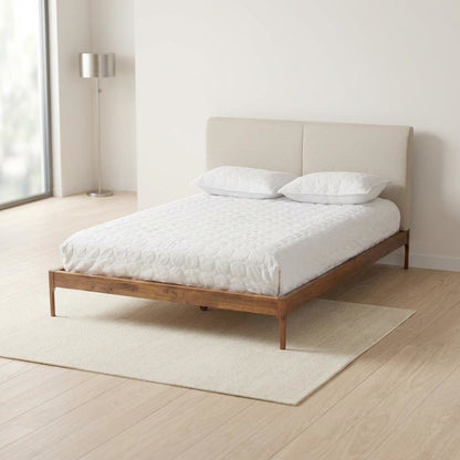 Mid-Century Modern Beige Fabric Upholstered Full Platform Bed with Walnut Finish
