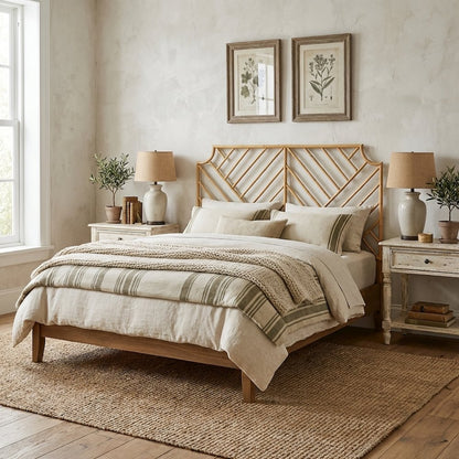 Brown Genuine Rattan Wall-Mount Headboard Queen Size Bohemian Design