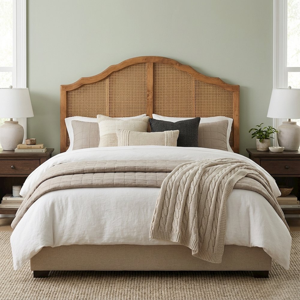 Brown Synthetic Rattan King Size Headboard with Rubberwood Frame and Wood Legs