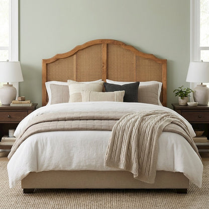 Brown Synthetic Rattan King Size Headboard with Rubberwood Frame and Wood Legs