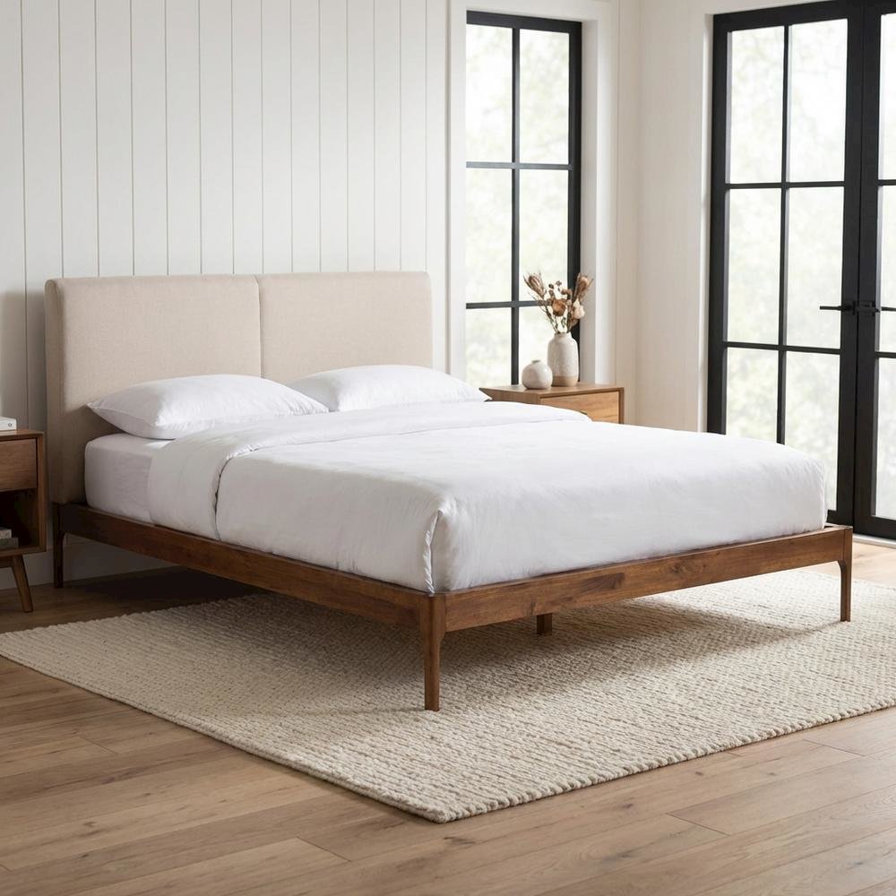 Beige Fabric Upholstered King Platform Bed with Walnut Finish and Modern Style