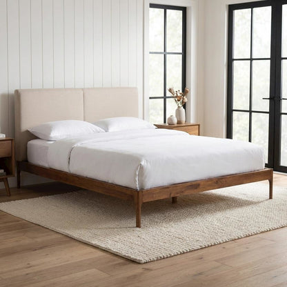 Beige Fabric Upholstered King Platform Bed with Walnut Finish and Modern Style