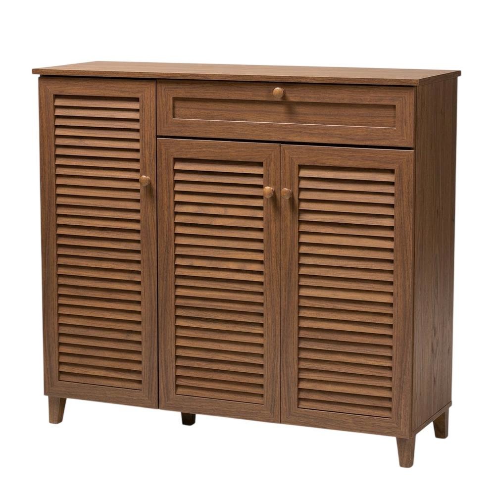Contemporary Walnut Finish Shoe Storage Cabinet with 11 Shelves and Drawer