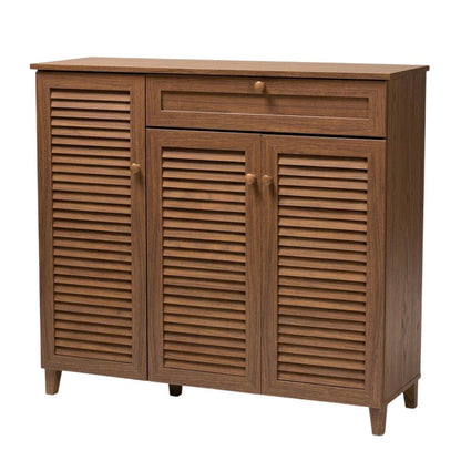 Contemporary Walnut Finish Shoe Storage Cabinet with 11 Shelves and Drawer