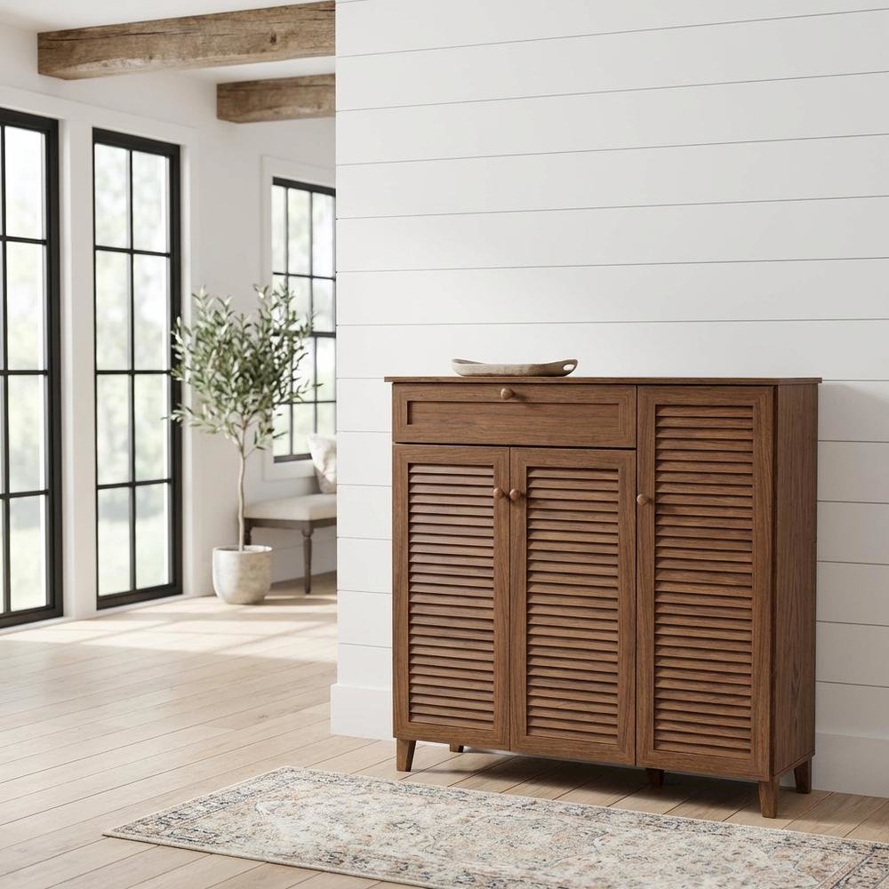 Contemporary Walnut Finish Shoe Storage Cabinet with 11 Shelves and Drawer