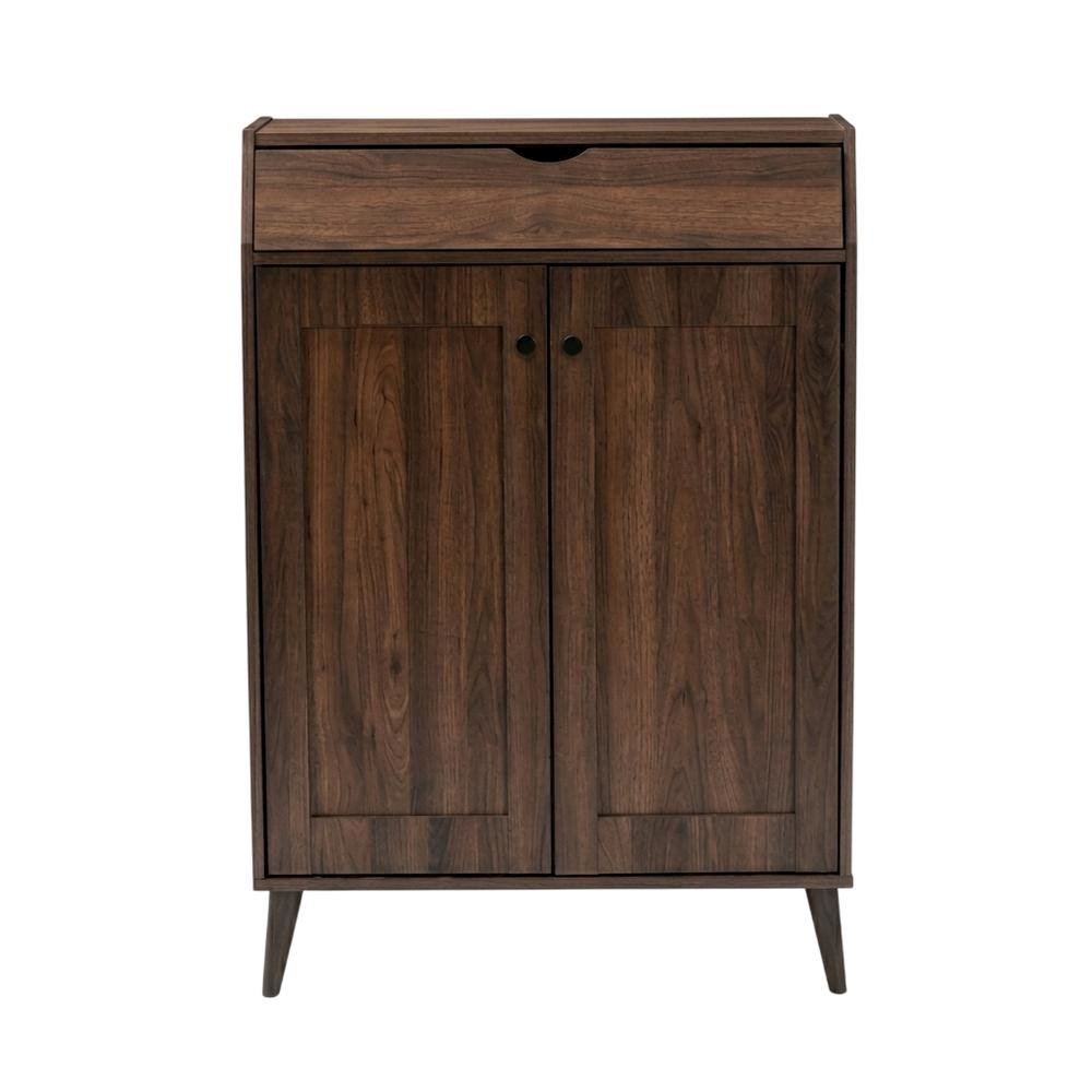 Mid-Century Modern Walnut Brown Shoe Storage Cabinet with 2 Doors