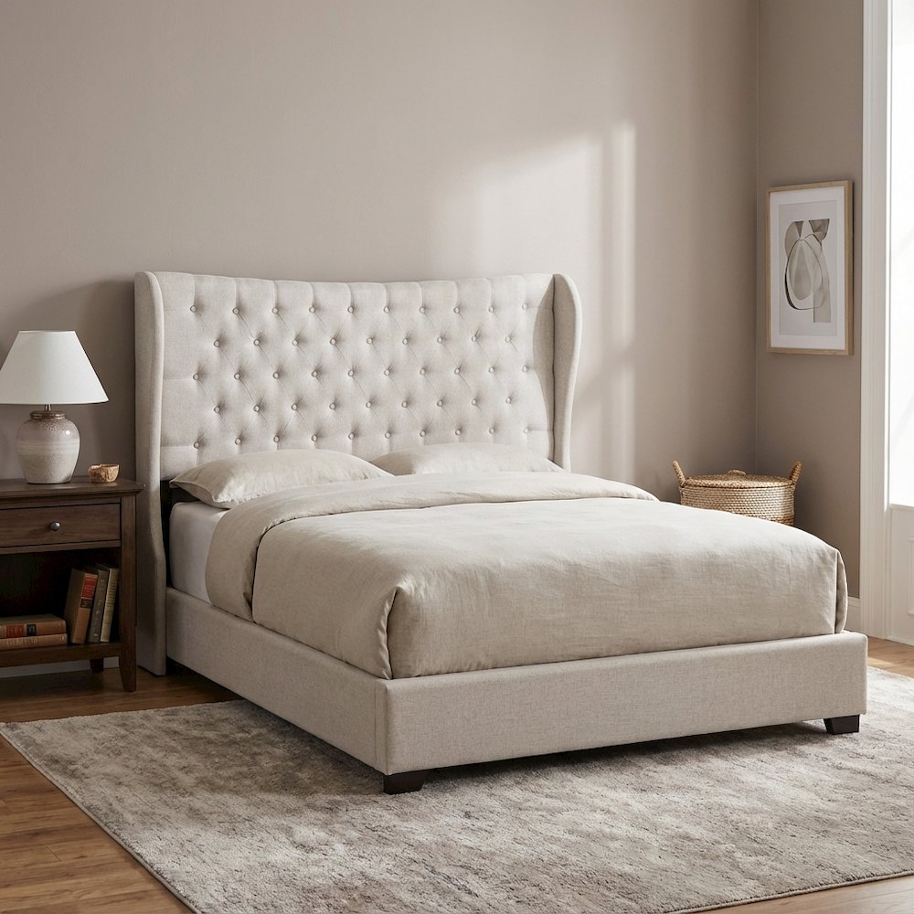 Greyish Beige Fabric Button-Tufted Winged Headboard with Cushioned Foam Padding