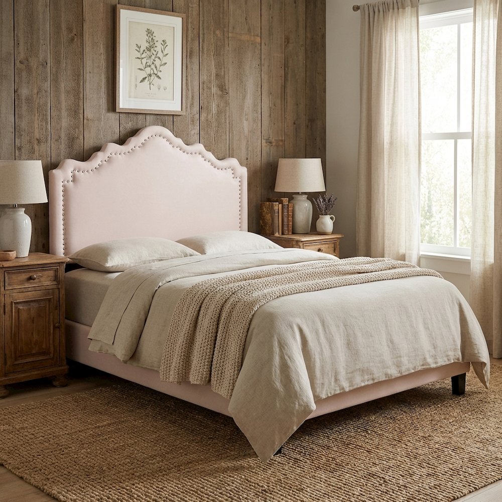 Light Pink Velvet Twin Size Headboard with Foam Padding and Metal Legs